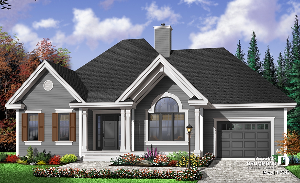 Version couleur no. 1 - Vue avant - Bungalow d'inspiration contemporaine, plafond cathédrale au salon, foyer central, 2 chambres, garage - Mary