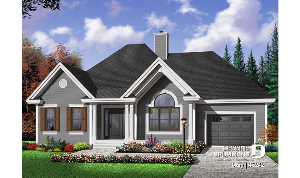 Version couleur no. 1 - Vue avant - Bungalow d'inspiration contemporaine, plafond cathédrale au salon, foyer central, 2 chambres, garage - Mary