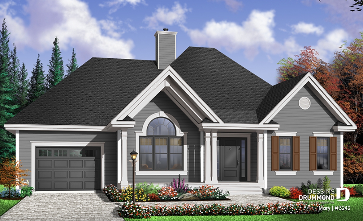 Version couleur no. 1 - Vue avant - Bungalow d'inspiration contemporaine, plafond cathédrale au salon, foyer central, 2 chambres, garage - Mary