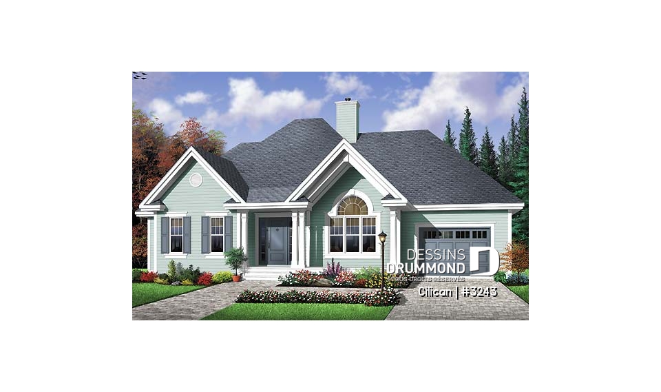 Vue avant - MODÈLE DE BASE - Plan de plain-pied 3 chambres, plafond cathédrale, foyer mitoyen, garage - Cilican