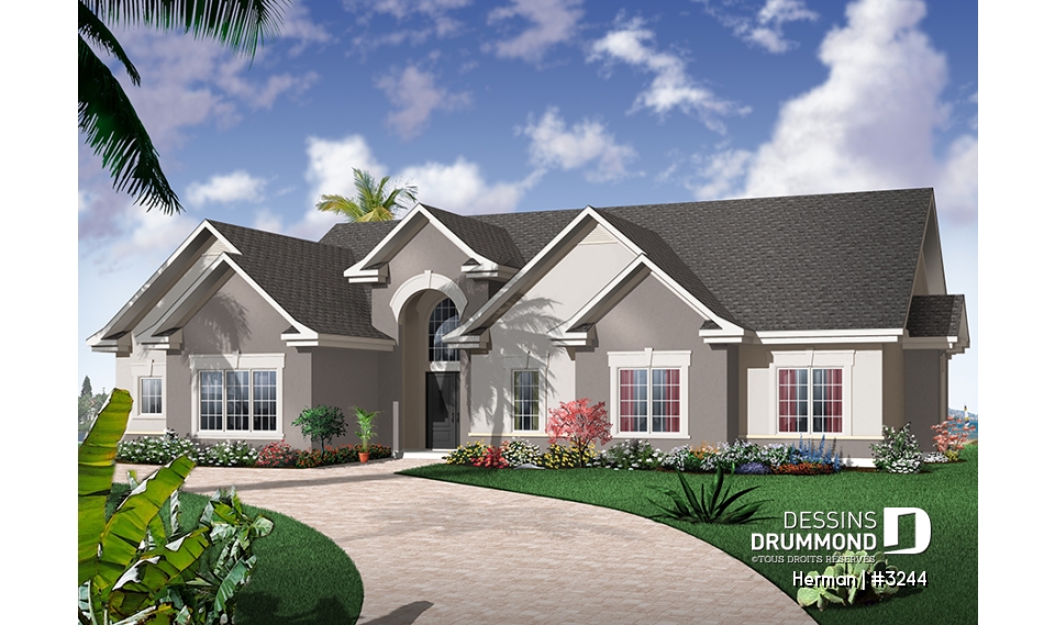 Vue avant - MODÈLE DE BASE - Maison de style Floride, grande suite des maîtres, bureau à domicile, à aire ouverte, espace boni - Herman