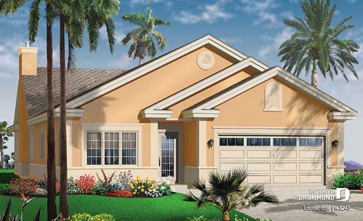 Vue avant - MODÈLE DE BASE - Plain-pied avec garage double, 3 chambre, 3 salles de bain, grande buanderie, foyer, salle à dîner formelle - Lauderdale