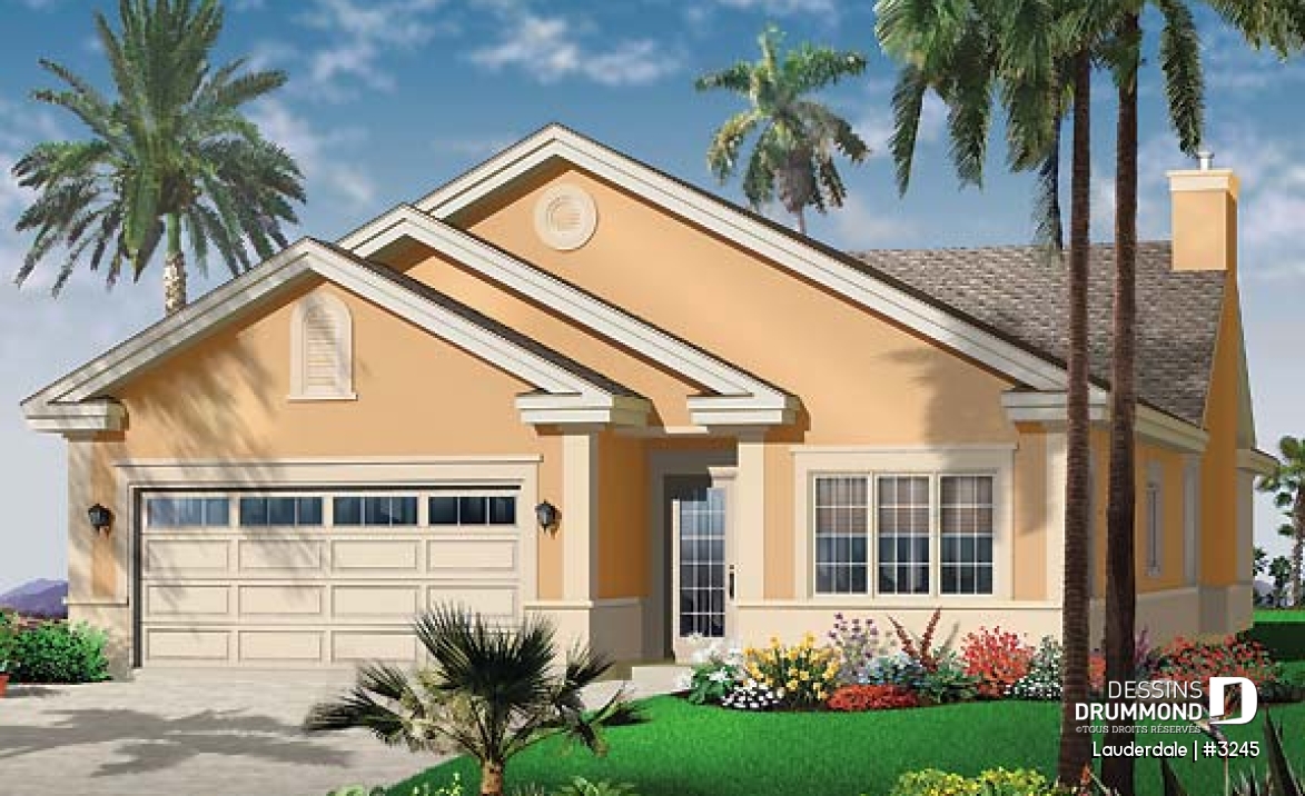 Vue avant - MODÈLE DE BASE - Plain-pied avec garage double, 3 chambre, 3 salles de bain, grande buanderie, foyer, salle à dîner formelle - Lauderdale