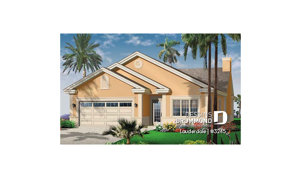 Vue avant - MODÈLE DE BASE - Plain-pied avec garage double, 3 chambre, 3 salles de bain, grande buanderie, foyer, salle à dîner formelle - Lauderdale