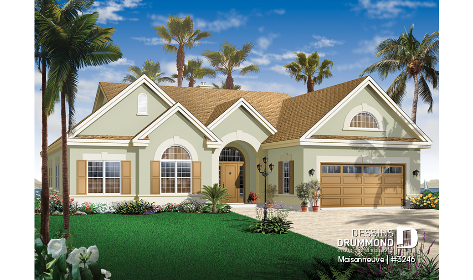 Vue avant - MODÈLE DE BASE - Plain-pied style américain, garage double avec boni, 3 chambres, 2 s.d.b, grande cuisine, foyer central - Maisonneuve