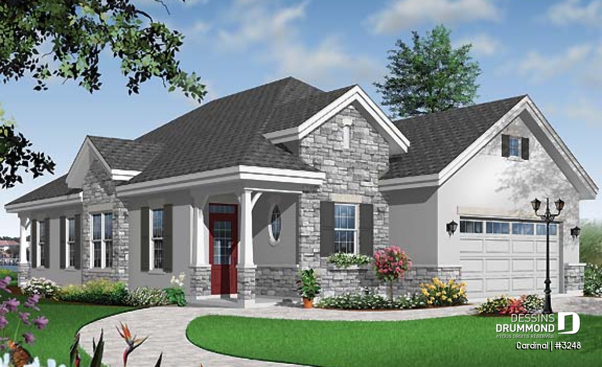 Vue avant - MODÈLE DE BASE - Plan de plain-pied pour terrain étroit, 3 chambres, garage double, buanderie, foyer, terrasse abritée - Cardinal