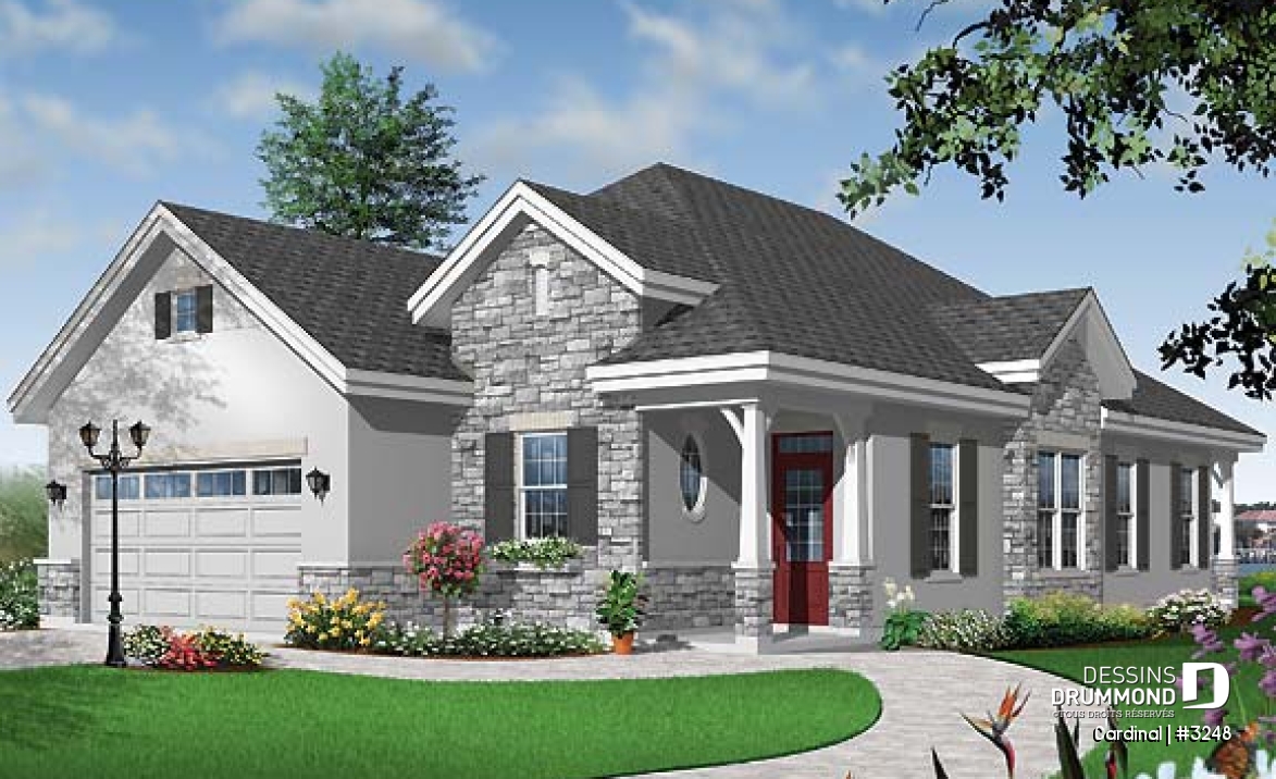Vue avant - MODÈLE DE BASE - Plan de plain-pied pour terrain étroit, 3 chambres, garage double, buanderie, foyer, terrasse abritée - Cardinal