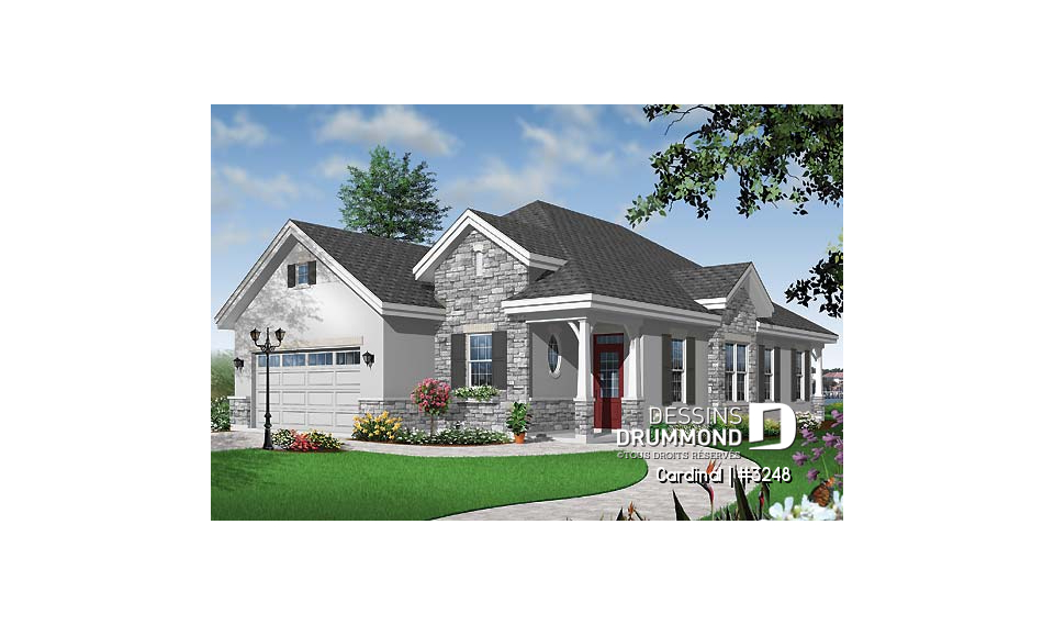 Vue avant - MODÈLE DE BASE - Plan de plain-pied pour terrain étroit, 3 chambres, garage double, buanderie, foyer, terrasse abritée - Cardinal