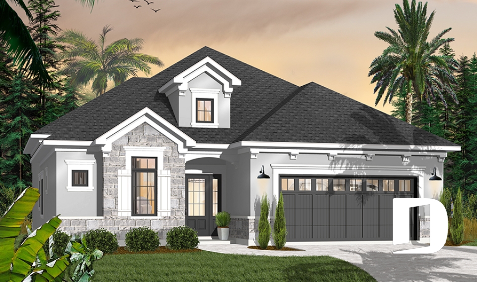 Version couleur no. 5 - Vue avant - Plan de plain-pied 4 chambres au même niveau, fondation sur dalle, garage double, terrain étroit - Westbury