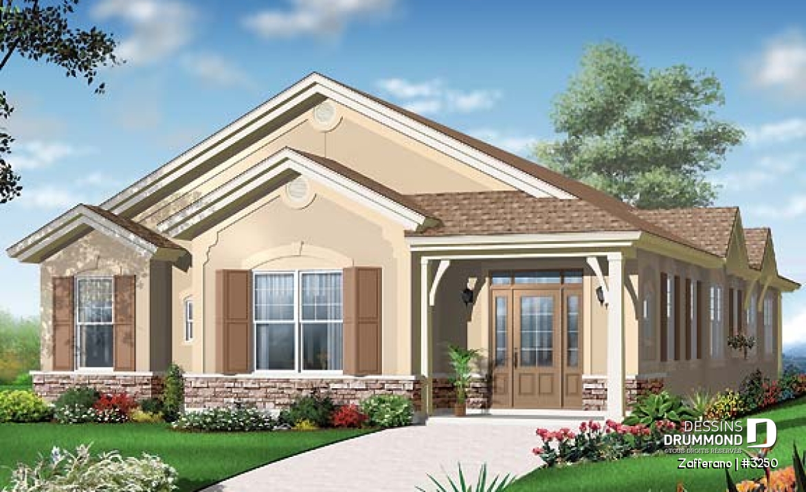 Vue avant - MODÈLE DE BASE - Plan de plain-pied 4 chambres, 2 salles familiales, garage à l'arrière - Zafferano
