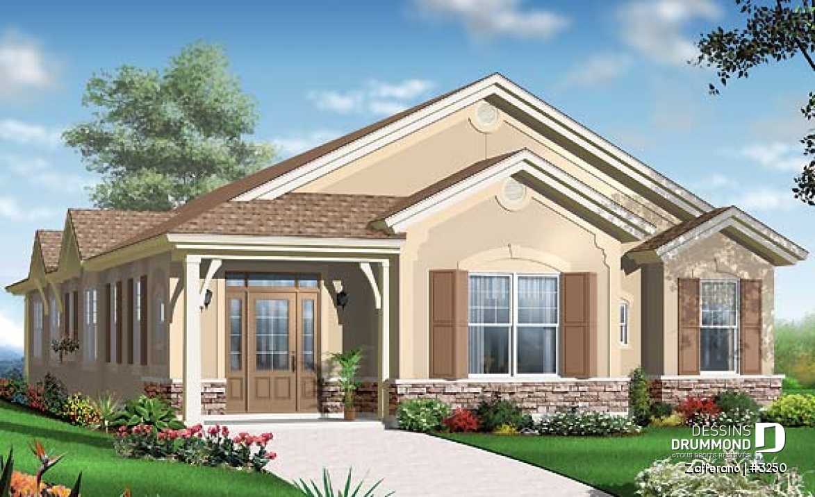 Vue avant - MODÈLE DE BASE - Plan de plain-pied 4 chambres, 2 salles familiales, garage à l'arrière - Zafferano