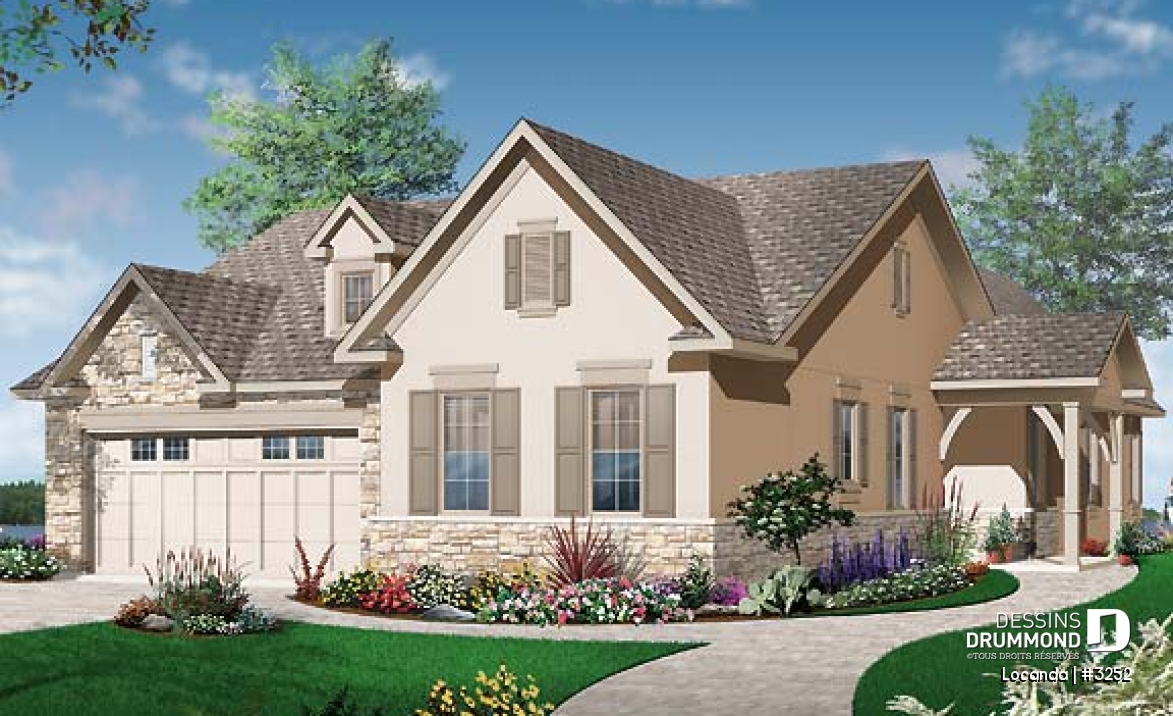 Vue avant - MODÈLE DE BASE - Plan de plain-pied avec 3 ou 4 chambres, garage double, grande cuisine, suite des maîtres remarquable - Locanda