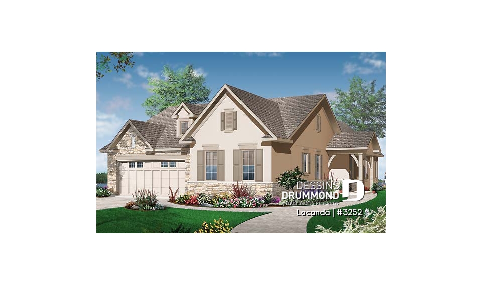 Vue avant - MODÈLE DE BASE - Plan de plain-pied avec 3 ou 4 chambres, garage double, grande cuisine, suite des maîtres remarquable - Locanda