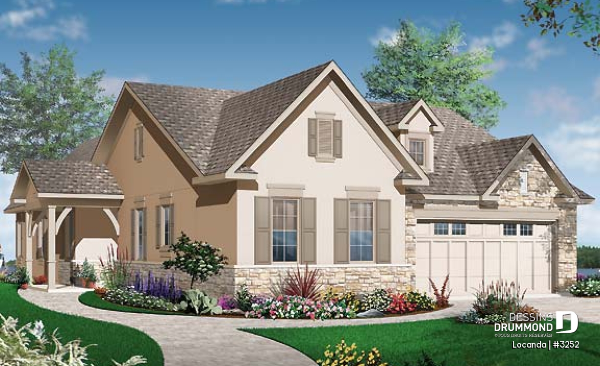Vue avant - MODÈLE DE BASE - Plan de plain-pied avec 3 ou 4 chambres, garage double, grande cuisine, suite des maîtres remarquable - Locanda