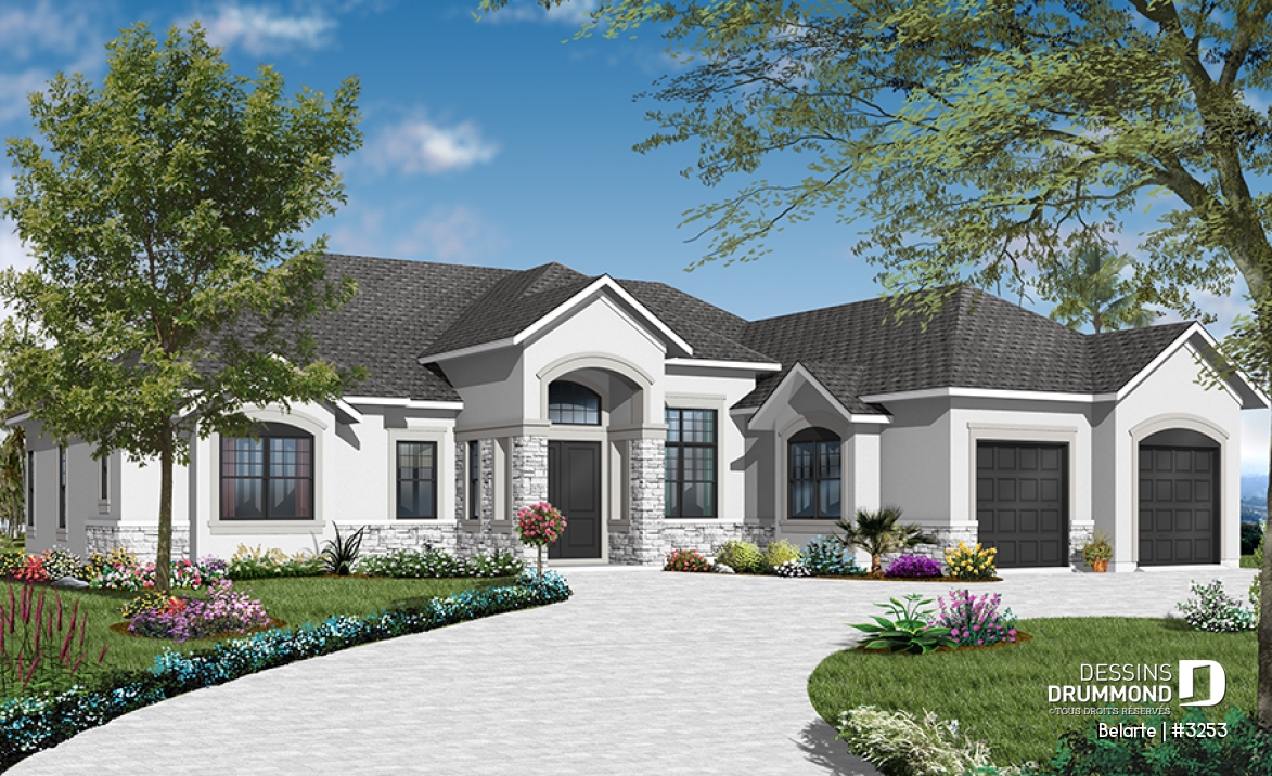 Version couleur no. 2 - Vue avant - Plan de plain-pied style ranch, 3 chambres, garage double, plafond 10' à 13', patio couvert - Belarte