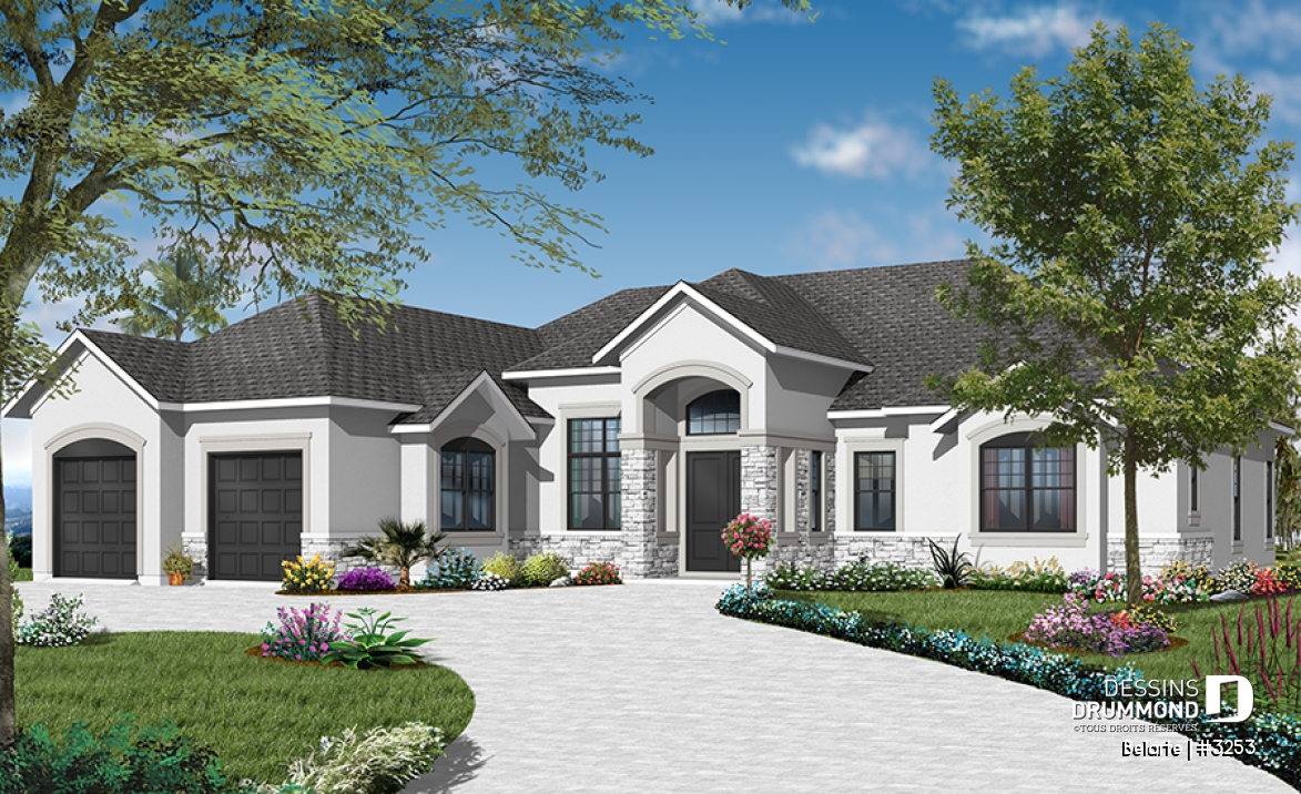 Version couleur no. 2 - Vue avant - Plan de plain-pied style ranch, 3 chambres, garage double, plafond 10' à 13', patio couvert - Belarte