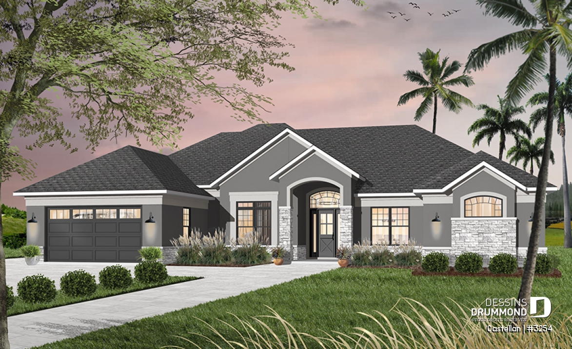 Vue avant - MODÈLE DE BASE - Plan de maison plain-pied 4 chambres, bureau à domicile, 3.5 salles de bain, garage double - Castellan