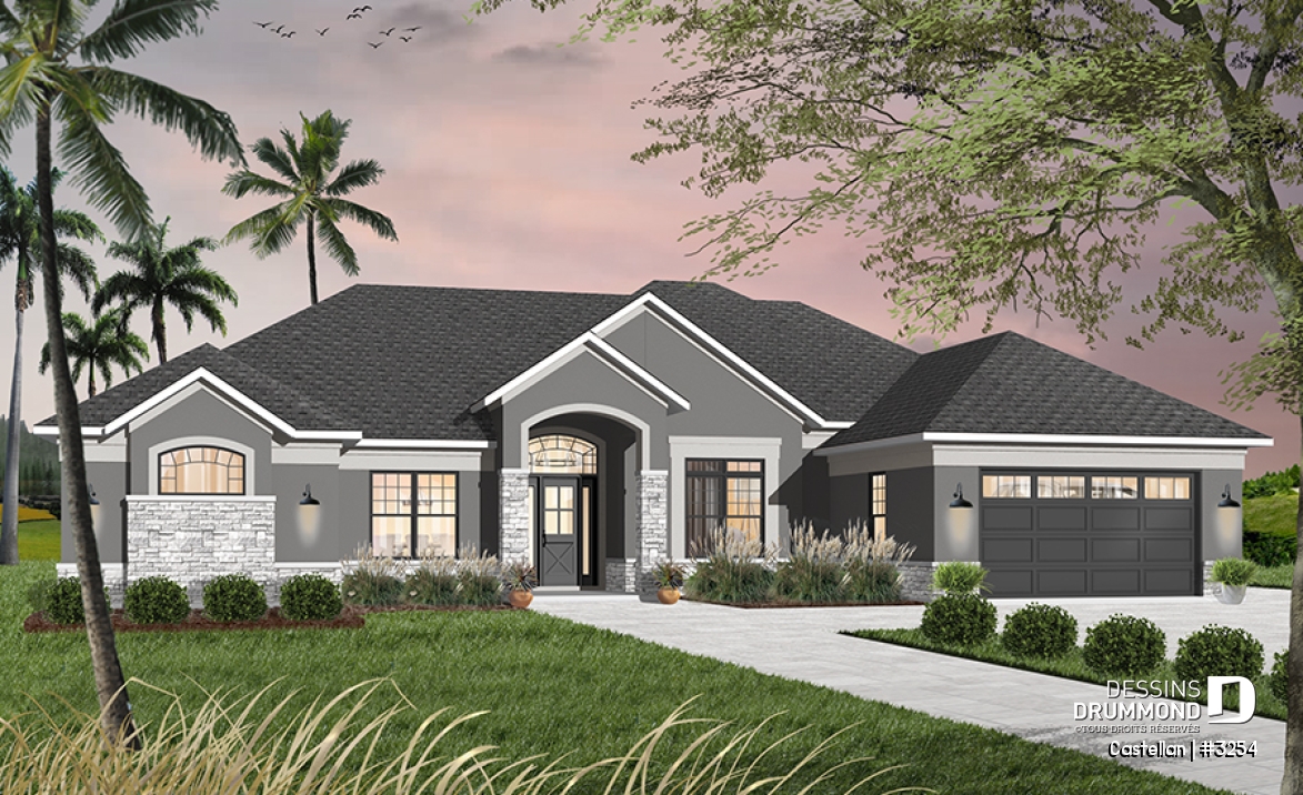 Vue avant - MODÈLE DE BASE - Plan de maison plain-pied 4 chambres, bureau à domicile, 3.5 salles de bain, garage double - Castellan