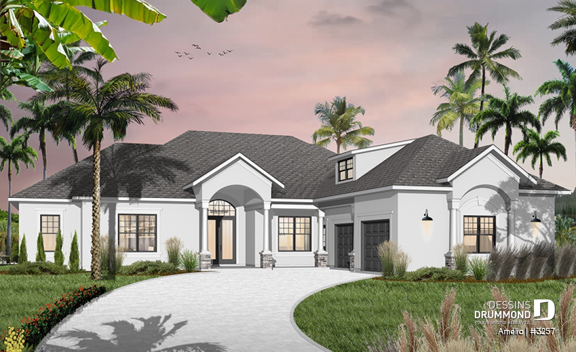 Vue avant - MODÈLE DE BASE - Plan de maison 1 étage, 3 à 4 chambres, garage double, espace boni, grande chambre des maîtres, bureau - Amélia