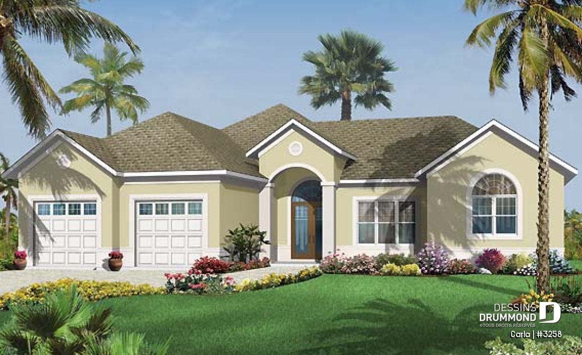 Vue avant - MODÈLE DE BASE - Bungalow avec plafond 10', 3 chambres, 2 salons, terrasse couverte - Carla