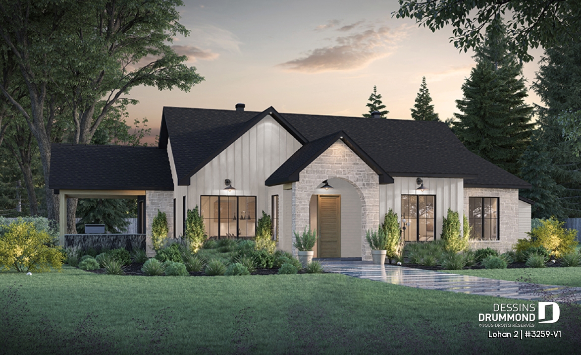 Vue avant - MODÈLE DE BASE - Modèle de plain-pied spacieux, dalle flottante, 3 chambres, 2 s. bain, grand îlot à la cuisine avec banquette - Lohan 2