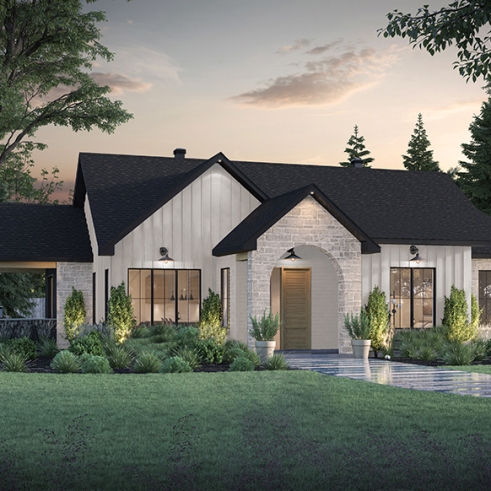 Vue avant - MODÈLE DE BASE - Modèle de plain-pied spacieux, dalle flottante, 3 chambres, 2 s. bain, grand îlot à la cuisine avec banquette - Lohan 2