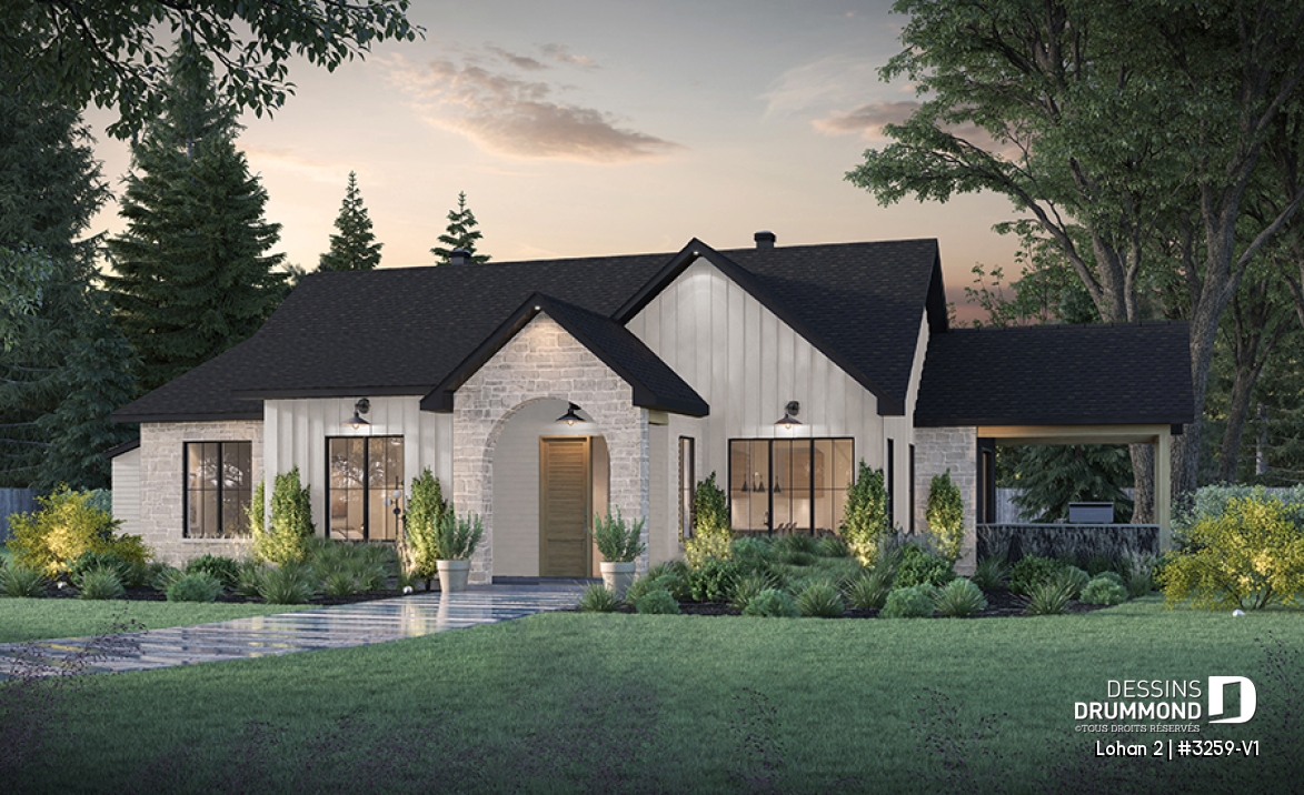 Vue avant - MODÈLE DE BASE - Modèle de plain-pied spacieux, dalle flottante, 3 chambres, 2 s. bain, grand îlot à la cuisine avec banquette - Lohan 2
