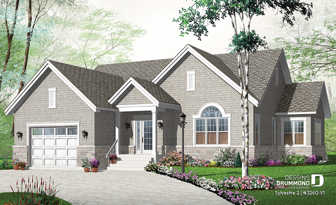 Vue avant - MODÈLE DE BASE - Plan de plain-pied maison style Cap Cod, 2 chambres, garage, salle familiale ouverte, coin buanderie au rdc. - Sylvestre 2