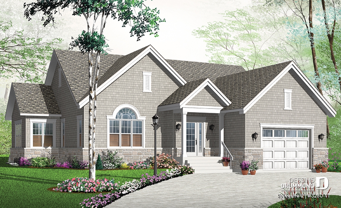 Vue avant - MODÈLE DE BASE - Plan de plain-pied maison style Cap Cod, 2 chambres, garage, salle familiale ouverte, coin buanderie au rdc. - Sylvestre 2