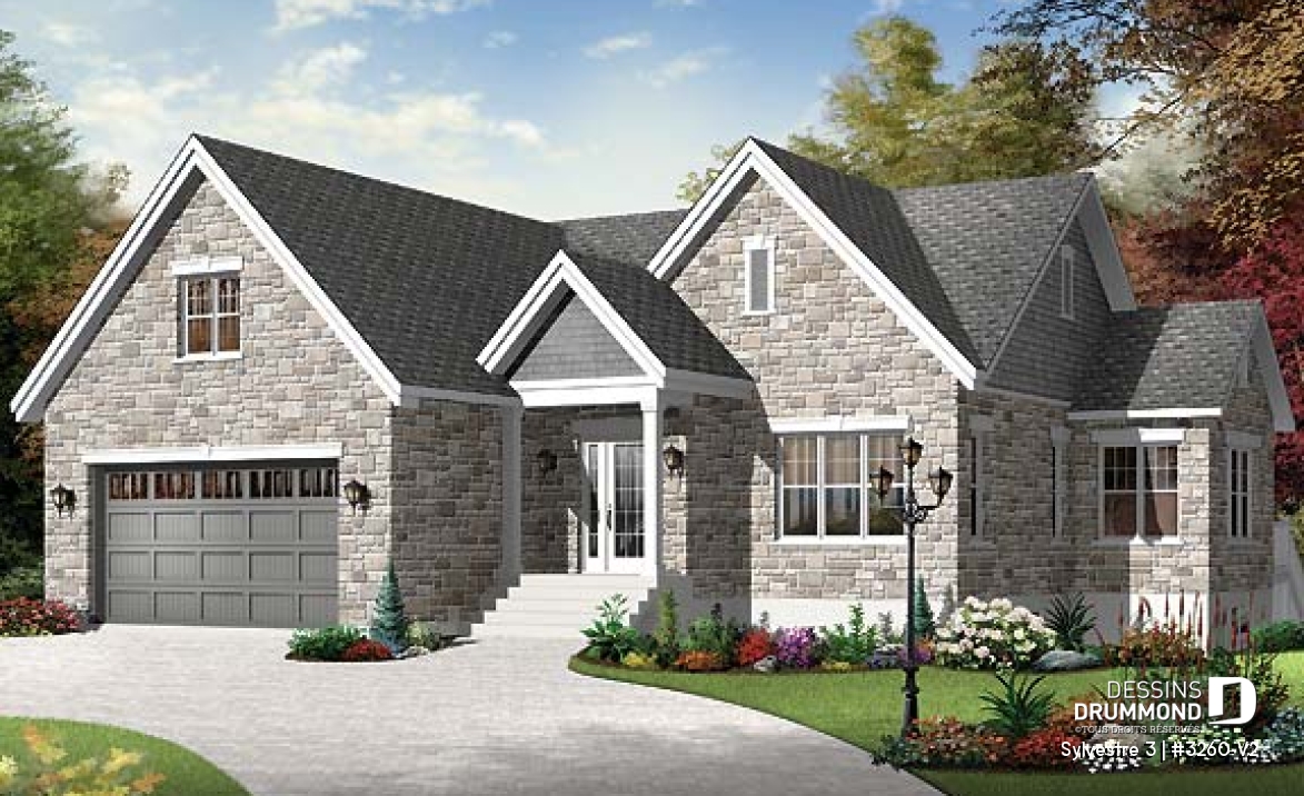 Vue avant - MODÈLE DE BASE - Plan de maison de plain-pied, 2 chambres, garage double avec espace boni, belle fenestration - Sylvestre 3