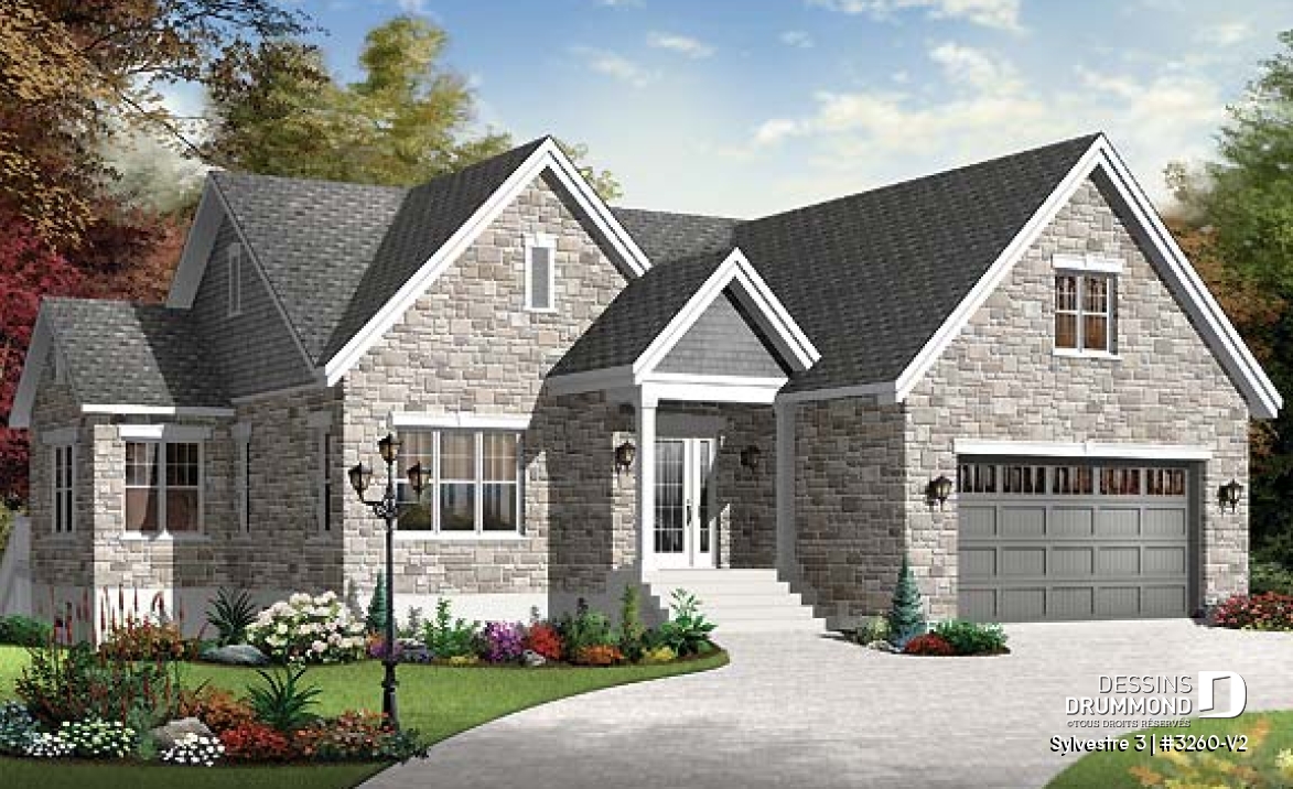 Vue avant - MODÈLE DE BASE - Plan de maison de plain-pied, 2 chambres, garage double avec espace boni, belle fenestration - Sylvestre 3