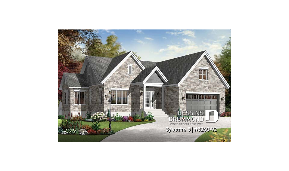 Vue avant - MODÈLE DE BASE - Plan de maison de plain-pied, 2 chambres, garage double avec espace boni, belle fenestration - Sylvestre 3
