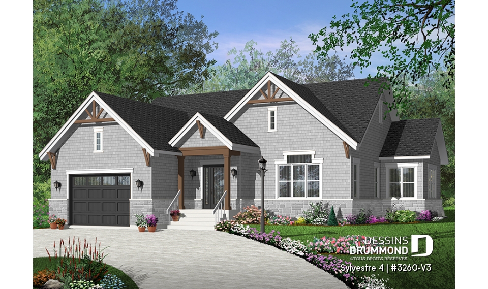 Version couleur no. 1 - Vue avant - Plan de maison plain-pied 3 chambres, grande suite des maîtres, 2.5 salles de bain, garage double, foyer,  - Sylvestre 4