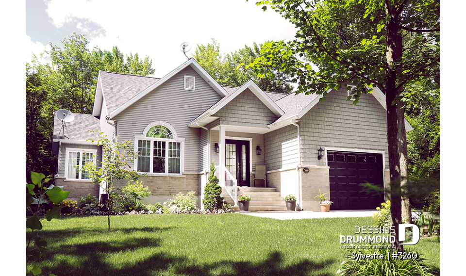 Vue avant - MODÈLE DE BASE - Bungalow champêtre lumineux à aire ouverte avec garage – Plan idéal pour confort et simplicité - Sylvestre 