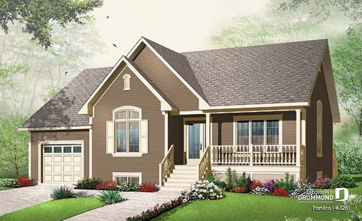 Vue avant - MODÈLE DE BASE - Plan de plain-pied économique, 2 chambres, garage avec rangement,, buanderie au rdc., garde-manger - Pamlico