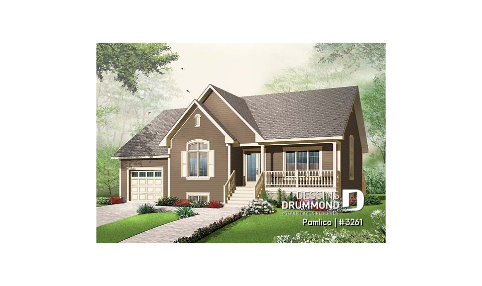 Vue avant - MODÈLE DE BASE - Plan de plain-pied économique, 2 chambres, garage avec rangement,, buanderie au rdc., garde-manger - Pamlico