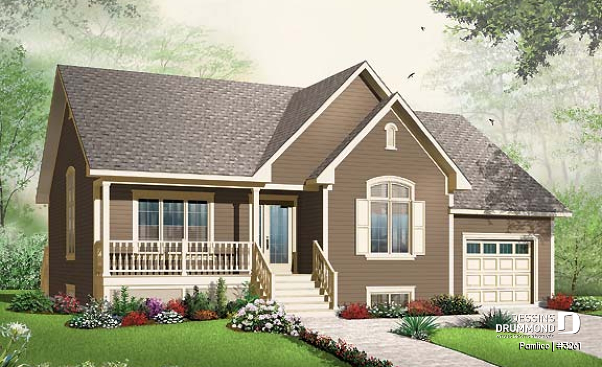 Vue avant - MODÈLE DE BASE - Plan de plain-pied économique, 2 chambres, garage avec rangement,, buanderie au rdc., garde-manger - Pamlico