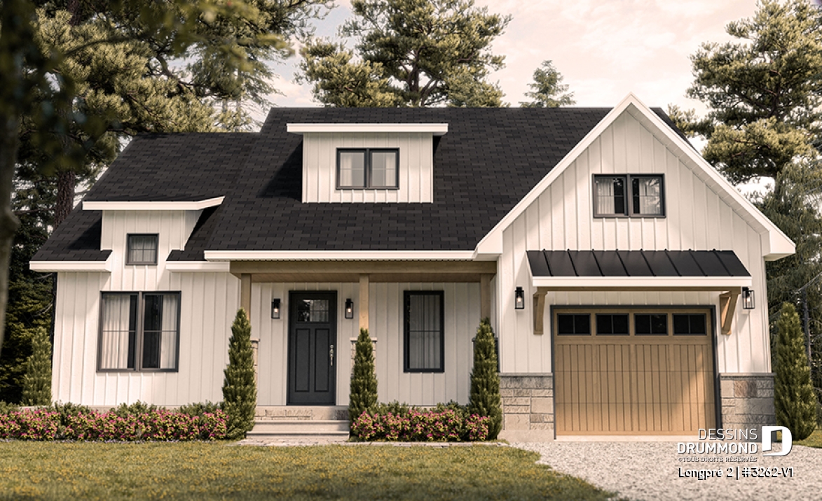 Vue avant - MODÈLE DE BASE - Plan de maison Farmhouse plain-pied moderne avec garage, foyer et sous-sol optionnel - Longpré 2