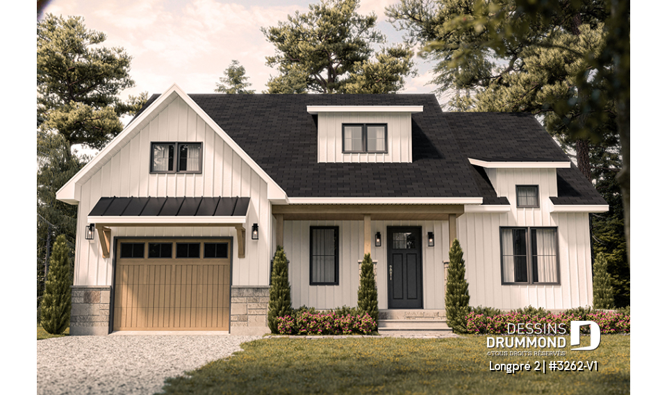Vue avant - MODÈLE DE BASE - Plan de maison Farmhouse plain-pied moderne avec garage, foyer et sous-sol optionnel - Longpré 2