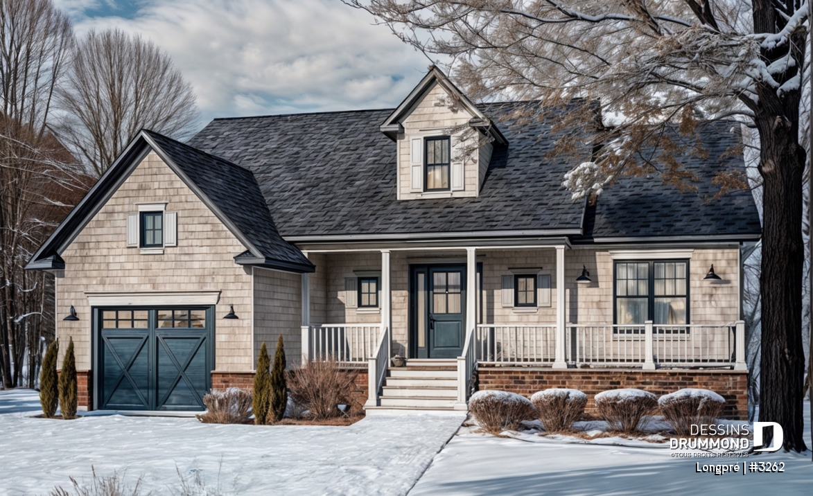 Vue avant - MODÈLE DE BASE - Plan de maison canadienne, 2 chambres, garage, grande salle de bain, plafond cathédrale, belle galerie - Longpré