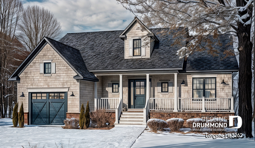 Vue avant - MODÈLE DE BASE - Plan de maison canadienne, 2 chambres, garage, grande salle de bain, plafond cathédrale, belle galerie - Longpré