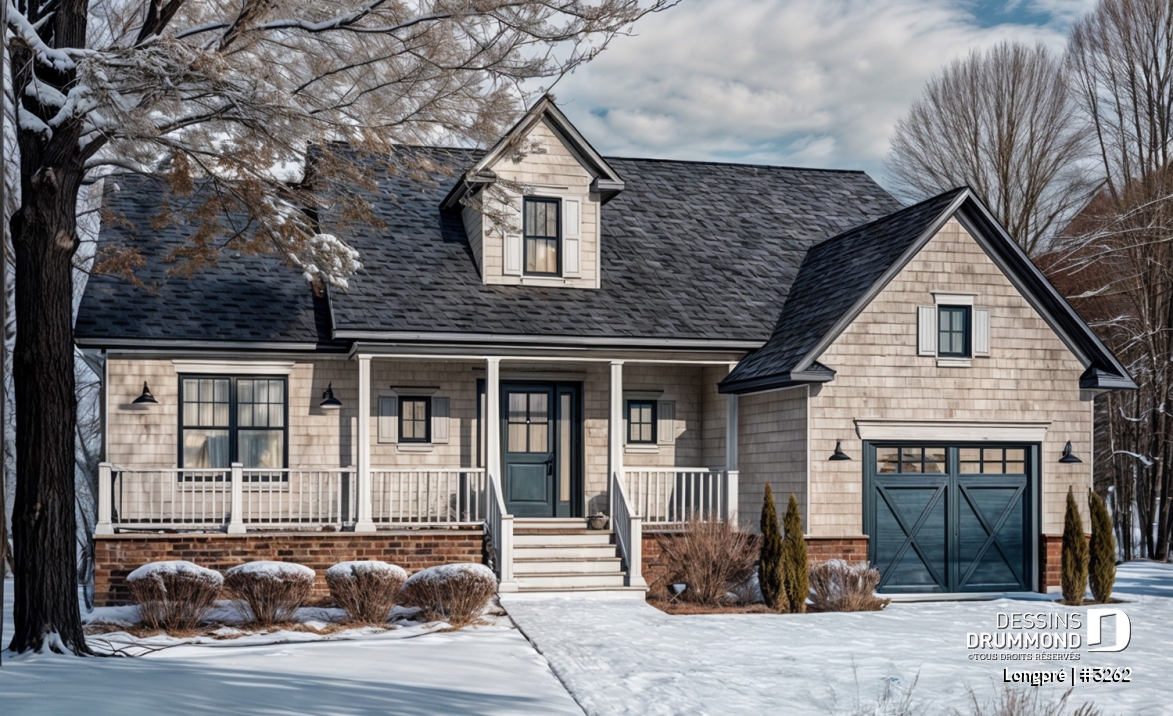 Vue avant - MODÈLE DE BASE - Plan de maison canadienne, 2 chambres, garage, grande salle de bain, plafond cathédrale, belle galerie - Longpré