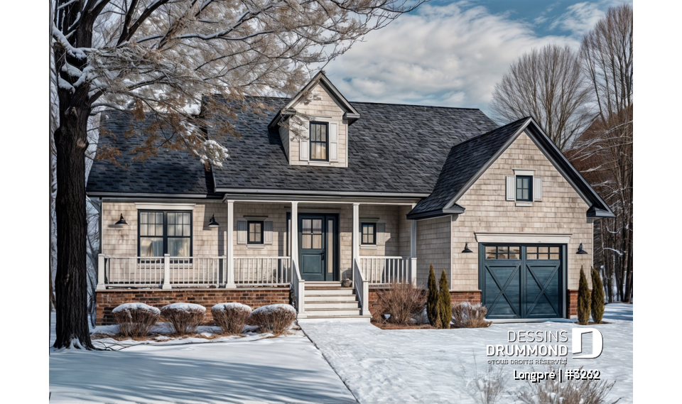 Vue avant - MODÈLE DE BASE - Plan de maison canadienne, 2 chambres, garage, grande salle de bain, plafond cathédrale, belle galerie - Longpré