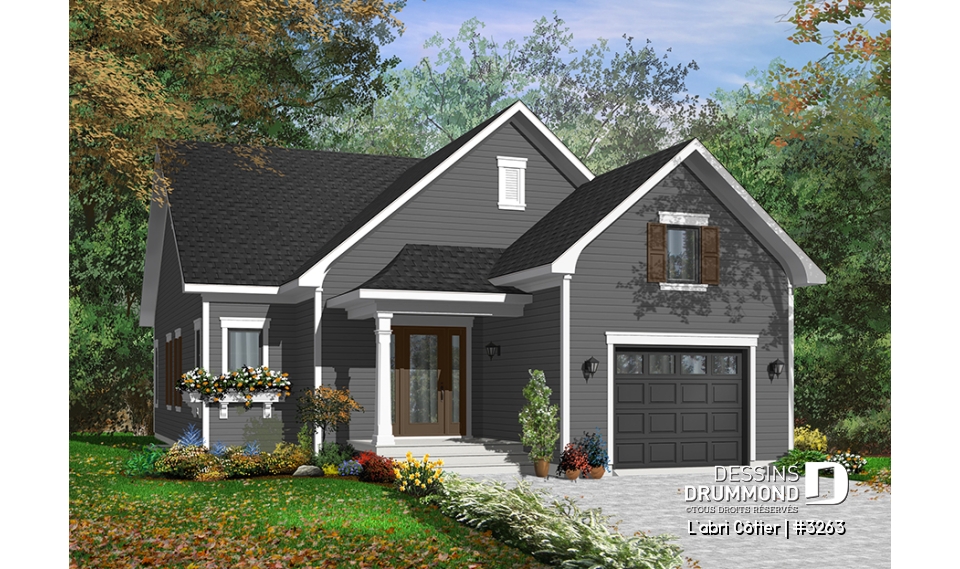 Version couleur no. 2 - Vue avant - Plan de maison plain-pied économique champêtre, 2 chambres, îlot de cuisine, sous-sol aménageable - L'abri Côtier