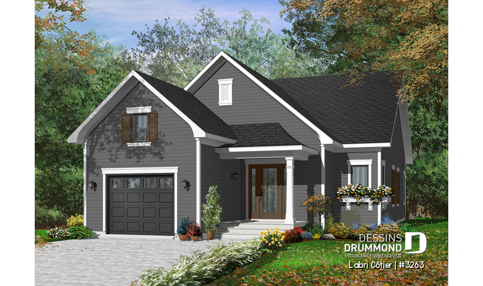 Version couleur no. 2 - Vue avant - Plan de maison plain-pied économique champêtre, 2 chambres, îlot de cuisine, sous-sol aménageable - L'abri Côtier