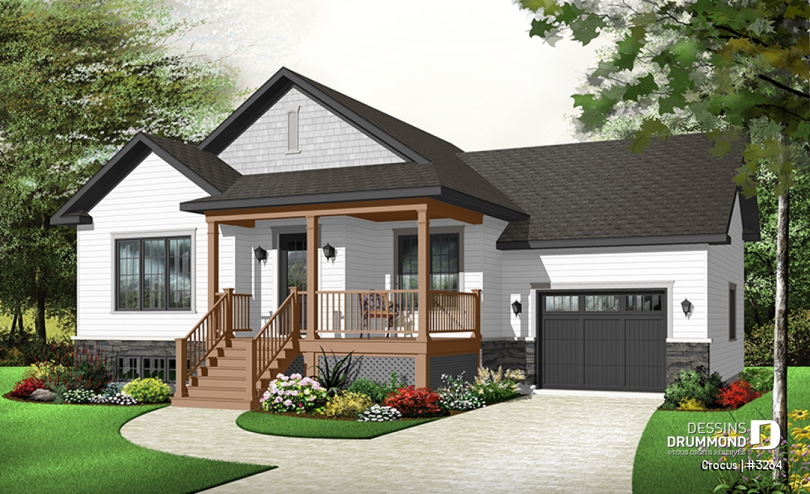 Version couleur no. 2 - Vue avant - Plan de maison Craftsman, grande galerie, vestibule, 2 chambres, garage accès au s-s - Crocus