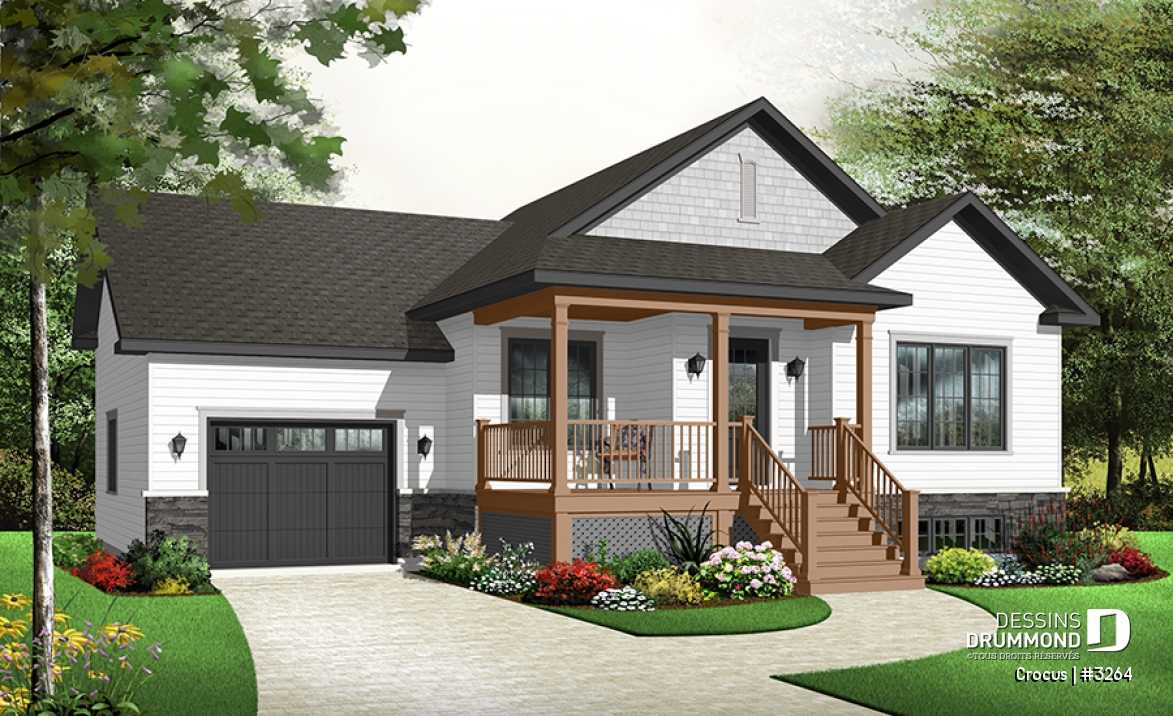 Version couleur no. 2 - Vue avant - Plan de maison Craftsman, grande galerie, vestibule, 2 chambres, garage accès au s-s - Crocus