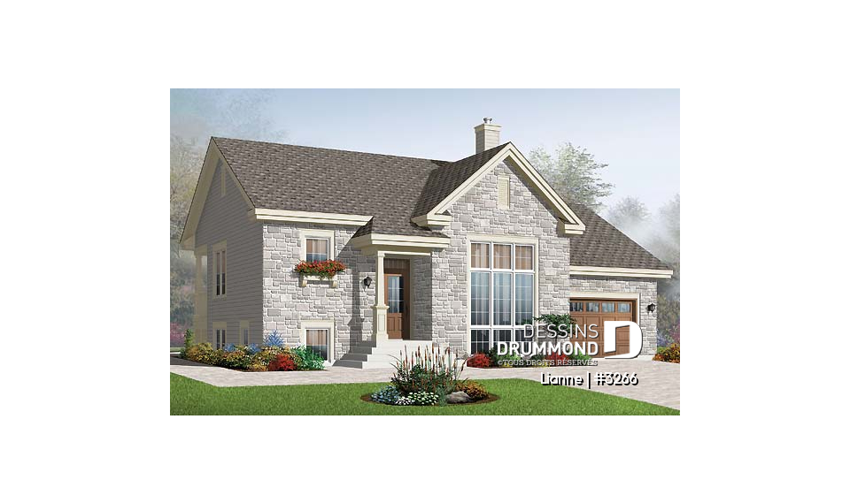 Vue avant - MODÈLE DE BASE - Plain-pied 3 chambres, fenêtre abondante, plafond 16' à la salle de séjour, garage - Lianne