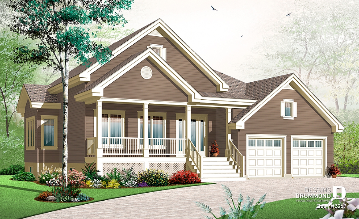 Vue avant - MODÈLE DE BASE - Plan de maison de style craftsman avec garage double, 2 chambres, plancher spacieux - Zoé