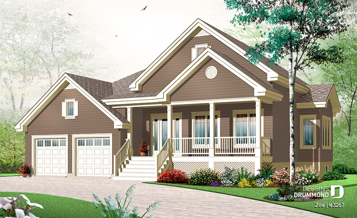Vue avant - MODÈLE DE BASE - Plan de maison de style craftsman avec garage double, 2 chambres, plancher spacieux - Zoé